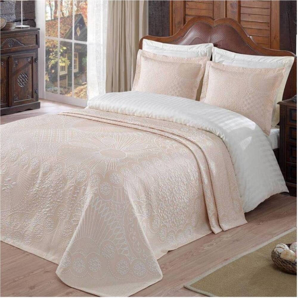 Maxstyle Jakarlı Pano Yatak Örtüsü Çift Kişilik Lucıa Anastasıa Pudra 250x260 cm - Maxstyle